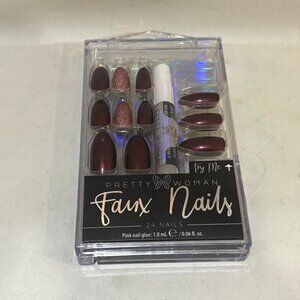 Pretty Woman Faux Nails 24 Nails Red Pink Glitter with Pink Nail Glue New in Box